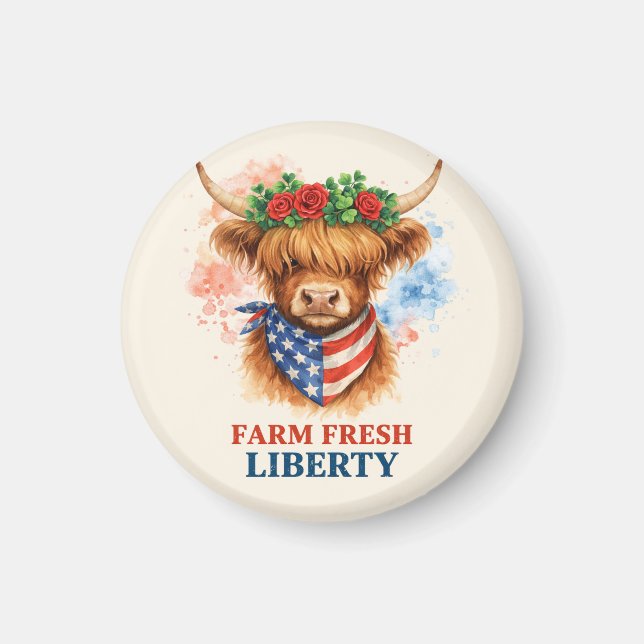 Farm Fresh Liberty Highland Cow Patriotic USA Art Magnet (Front)