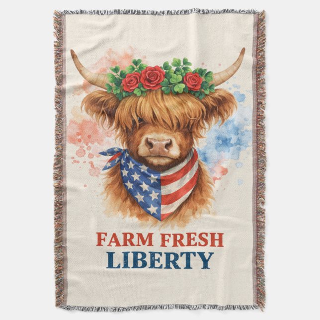Farm Fresh Liberty Highland Cow Patriotic USA Art Throw Blanket (Front Vertical)