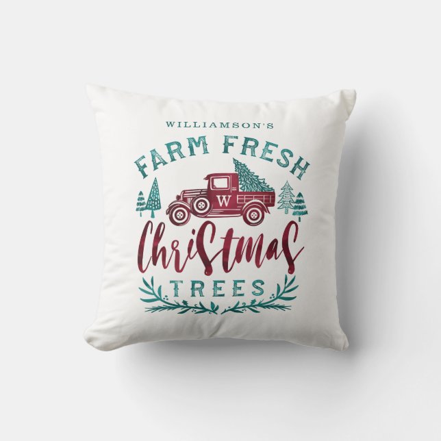 Farm Fresh Old Red Truck Christmas Tree Delivery Cushion (Front)