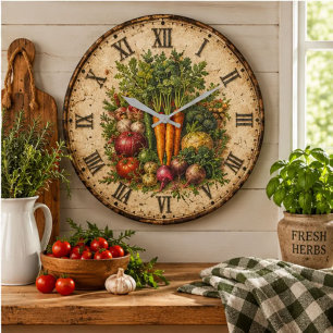 Farm Fresh Vegetables Rustic Farmhouse Kitchen Large Clock