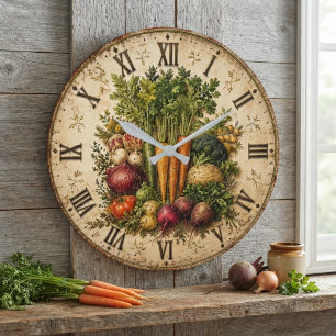 Farm Fresh Vegetables Rustic Farmhouse Kitchen Large Clock