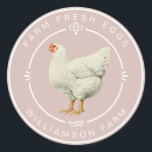 Farm Fresh Vintage Hen Egg Carton Dusty Blush Classic Round Sticker<br><div class="desc">Add a warm, rustic touch to your farm packaging with this customisable blush farm sticker featuring a vintage-style white hen illustration and classic serif typography. Designed in a soft dusty blush tone, this round label is perfect for sealing egg cartons, farmer’s market bags, or homemade product packaging. Ideal for small...</div>