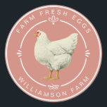 Farm Fresh Vintage Hen Egg Carton Terracotta Blush Classic Round Sticker<br><div class="desc">Add a warm, rustic touch to your farm packaging with this customisable blush terracotta farm sticker featuring a vintage-style white hen illustration and classic serif typography. Designed in a soft clay-inspired tone, this round label is perfect for sealing egg cartons, farmer’s market bags, or homemade product packaging. Ideal for small...</div>