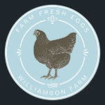 Farm Fresh Vintage Hen Eggs Carton Blue Glow Classic Round Sticker<br><div class="desc">Rustic and simple egg carton labels with the text fresh farm eggs and your business name in white modern typography on a blue glow background, a stylish vintage hen print and pretty decorative elements. Simply add your homestead name to the label. Exclusively designed for you by Happy Dolphin Studio. If...</div>