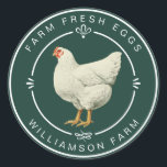Farm Fresh Vintage Hen Eggs Carton Dark Green Classic Round Sticker<br><div class="desc">Rustic and simple egg carton labels with the text fresh farm eggs and your business name in white modern typography on a dark green background, a stylish vintage hen print and pretty decorative elements. Simply add your homestead name to the label. Exclusively designed for you by Happy Dolphin Studio. If...</div>