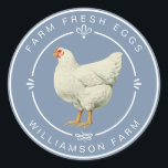 Farm Fresh Vintage Hen Eggs Carton Dusty Blue Classic Round Sticker<br><div class="desc">Rustic and simple egg carton labels with the text fresh farm eggs and your business name in white modern typography on a dusty blue background, a stylish vintage hen print and pretty decorative elements. Simply add your homestead name to the label. Exclusively designed for you by Happy Dolphin Studio. If...</div>