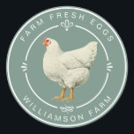 Farm Fresh Vintage Hen Eggs Carton Dusty Green Classic Round Sticker<br><div class="desc">Rustic and simple egg carton labels with the text fresh farm eggs and your business name in white modern typography on a dusty green background, a stylish vintage hen print and pretty decorative elements. Simply add your homestead name to the label. Exclusively designed for you by Happy Dolphin Studio. If...</div>