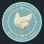 Farm Fresh Vintage Hen Eggs Carton Dusty Turquoise Classic Round Sticker<br><div class="desc">Rustic and simple egg carton labels with the text fresh farm eggs and your business name in white modern typography on a dusty turquoise background, a stylish vintage hen print and pretty decorative elements. Simply add your homestead name to the label. Exclusively designed for you by Happy Dolphin Studio. If...</div>