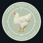 Farm Fresh Vintage Hen Eggs Carton Laurel Green Classic Round Sticker<br><div class="desc">Rustic and simple egg carton labels with the text fresh farm eggs and your business name in white modern typography on a laurel green background, a stylish vintage hen print and pretty decorative elements. Simply add your homestead name to the label. Exclusively designed for you by Happy Dolphin Studio. If...</div>