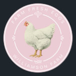 Farm Fresh Vintage Hen Eggs Carton Pink Classic Round Sticker<br><div class="desc">Rustic and simple egg carton labels with the text fresh farm eggs and your business name in white modern typography on a parfait pink background, a stylish vintage hen print and pretty decorative elements. Simply add your homestead name to the label. Exclusively designed for you by Happy Dolphin Studio. If...</div>