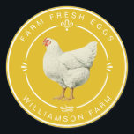 Farm Fresh Vintage Hen Eggs Carton Yellow Classic Round Sticker<br><div class="desc">Rustic and simple egg carton labels with the text fresh farm eggs and your business name in white modern typography on a bright mustard yellow background, a stylish vintage hen print and pretty decorative elements. Simply add your homestead name to the label. Exclusively designed for you by Happy Dolphin Studio....</div>