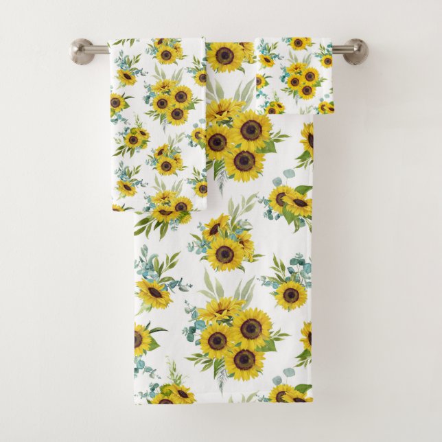 Farm Fresh Watercolor Sunflower Pattern Bath Towel Set (Insitu)
