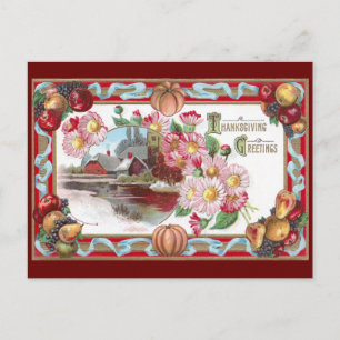 Farm, Fruit and Pink Mums Thanksgiving Holiday Postcard