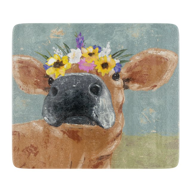 Farm Fun - Cow with Flower Crown Cutting Board (Front)