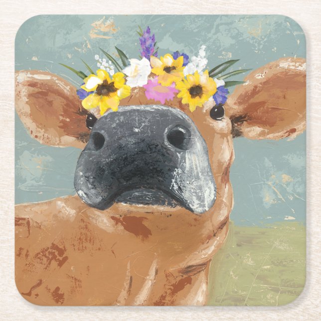 Farm Fun - Cow with Flower Crown Square Paper Coaster (Front)