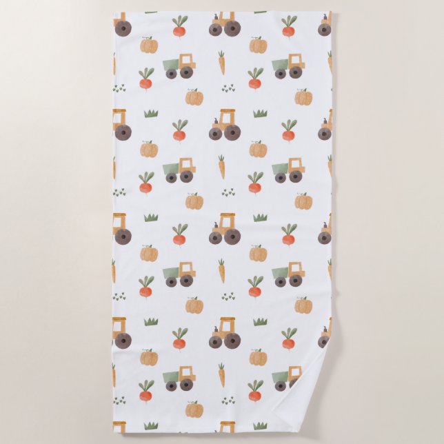 Farm Garden Watercolor Fun Pattern Beach Towel (Front)