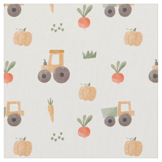 Farm Garden Watercolor Fun Pattern Fabric (Close Up)