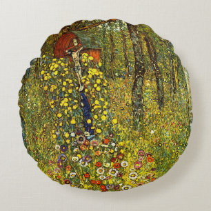 Farm Garden with Crucifix by Gustav Klimt Round Cushion