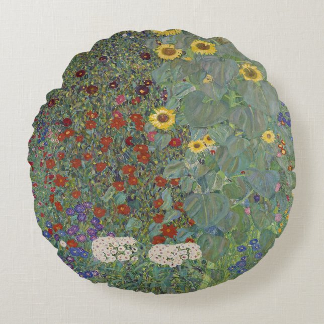 Farm Garden with Sunflowers by Gustav Klimt Round Cushion (Front)