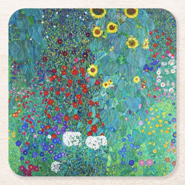 Farm Garden with Sunflowers, Gustav Klimt Square Paper Coaster (Front)
