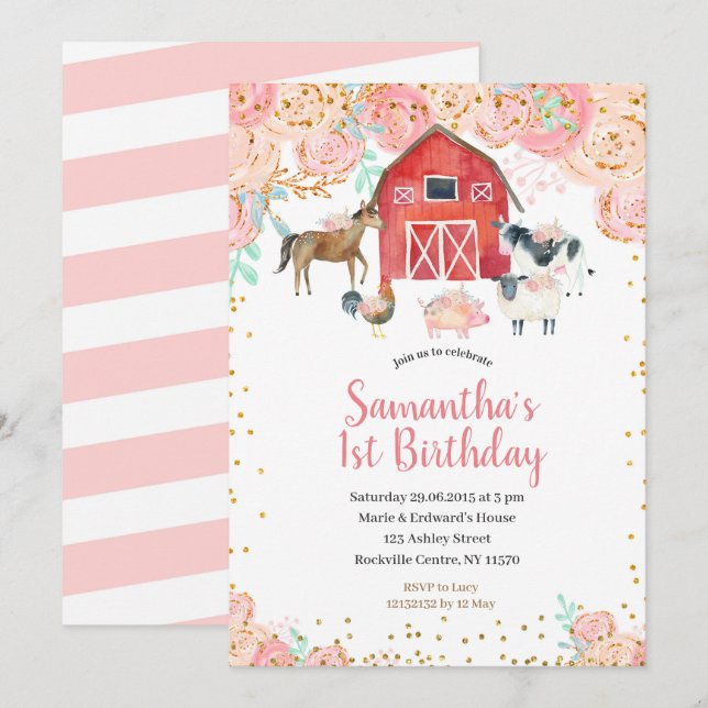 Farm Girl Birthday Invitation Pink Peach (Front/Back)