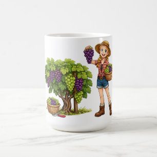 Farm girl picking grapes, vineyard harvest art coffee mug