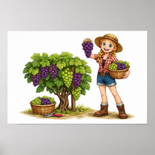 Farm girl picking grapes, vineyard harvest art poster