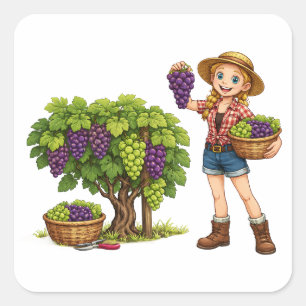 Farm girl picking grapes, vineyard harvest art square sticker