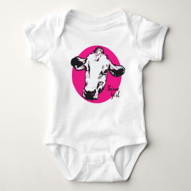  Farm Girl Pink Cow Baby Bodysuit (Front)