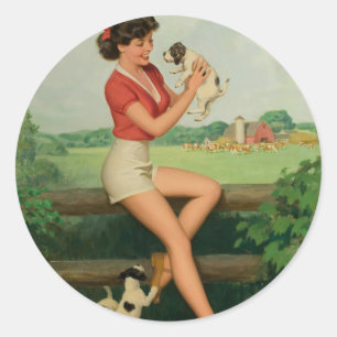 Farm Girl Play With Puppy Pinup Classic Round Sticker