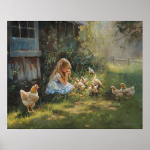 Farm Girl with Chickens Farmhouse Homestead art Poster