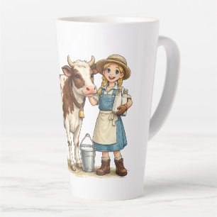 Farm girl with cow, cute dairy country art latte mug