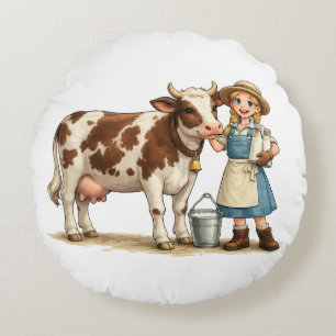 Farm girl with cow, cute dairy country art round cushion