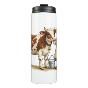 Farm girl with cow, cute dairy country art thermal tumbler