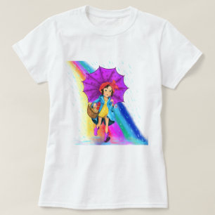 Farm Girl with Umbrella Rainbow T-Shirt