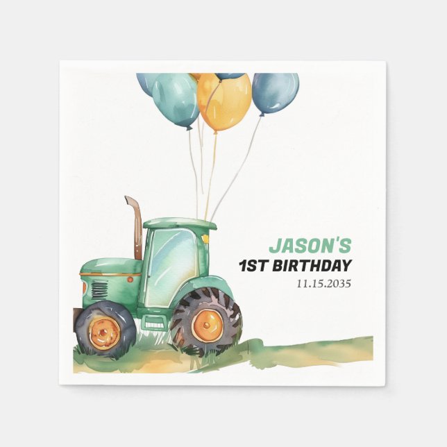 Farm Green Tractor Birthday Napkin (Front)
