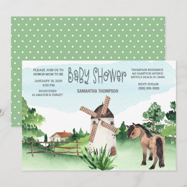 Farm Horse Windmill Animal Boys Baby Shower   Invitation (Front/Back)