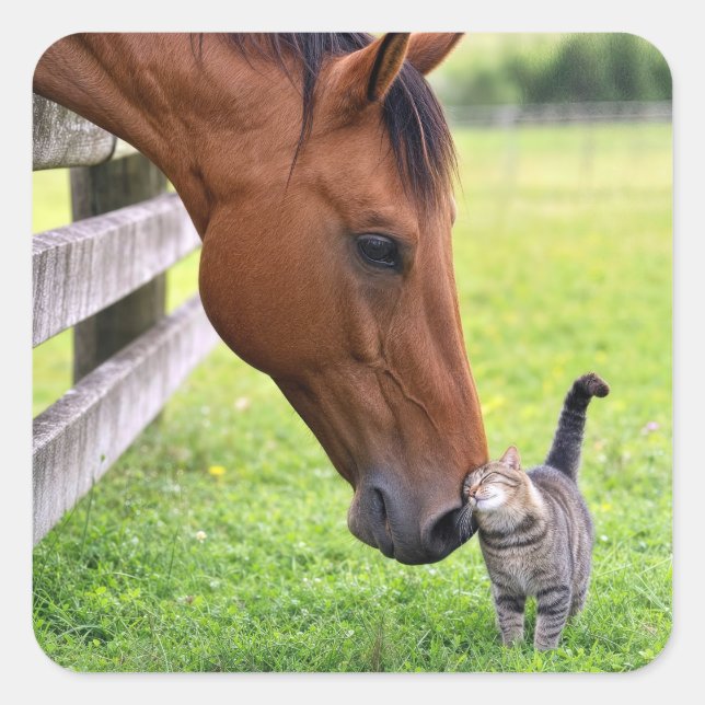 Farm Horse with Tabby Cat Square Sticker (Front)