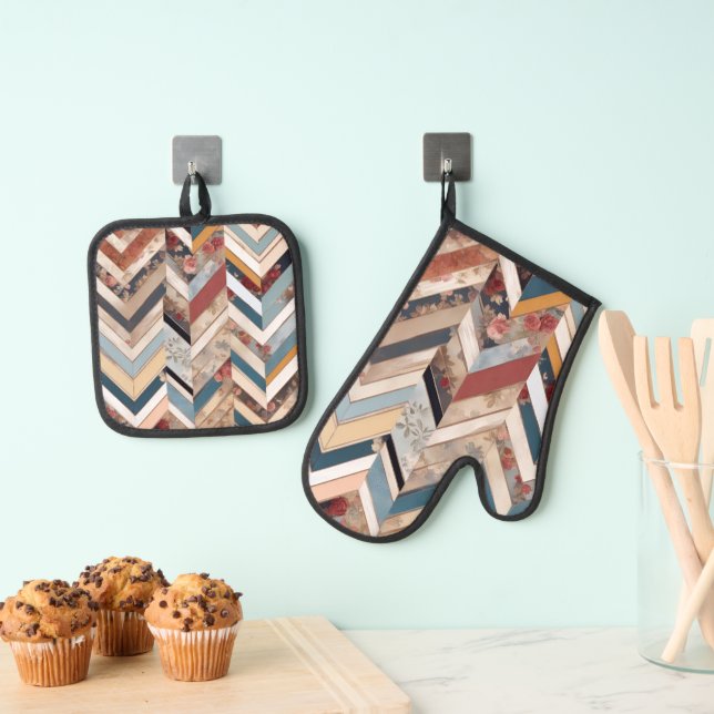 Farm House Chevrons and Flowers Oven Mitt & Pot Holder Set (Insitu(Hanging))