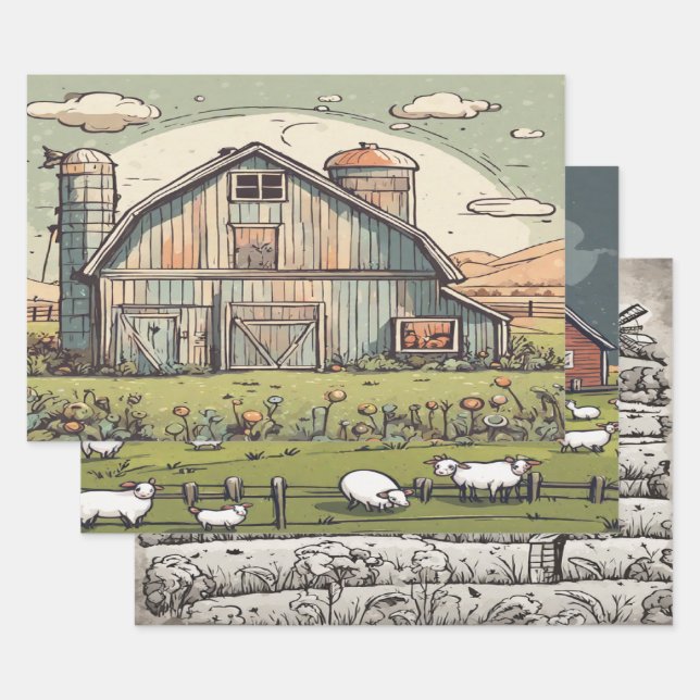 Farm house watercolor wrapping paper sheets (Set)