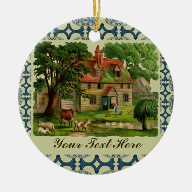 Farm House With Chickens Ceramic Tree Decoration (Front)