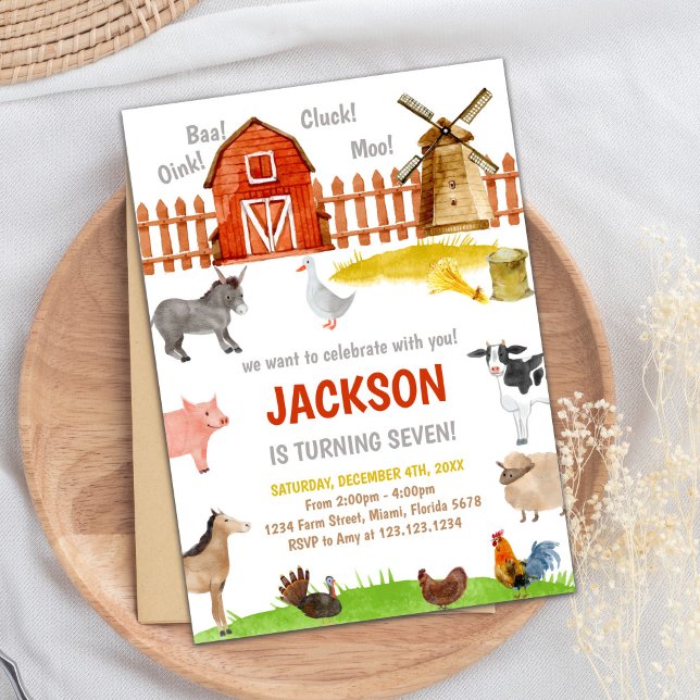 Farm Invitation, Farm Birthday Invitation (Brown Red Farm Animals Birthday Invitations)
