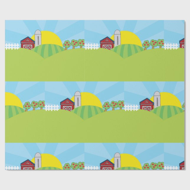 Farm Landscape Red Barn Silo Apple Trees Wrapping Paper (Flat)