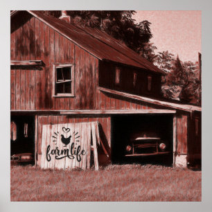 Farm Life Antique Red Barn Poster