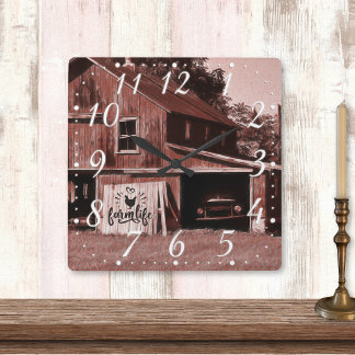 Farm Life Antique Red Barn Square Wall Clock