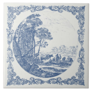 Farm Life Idyllic Country Scene Vintage Delft Blue Tile