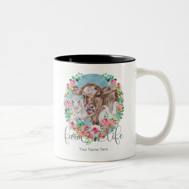 Farm Life Quote Family Homestead Chicken Cows Lamb Two-Tone Coffee Mug (Right)