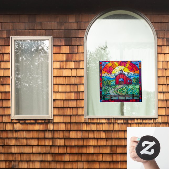 Farm Life Red Barn At Sunset Faux Stained Glass (Home Window)