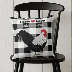Farm Love Custom Rooster Black White Check Cushion