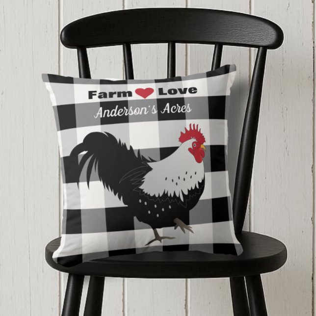 Farm Love Custom Rooster Black White Check Cushion (Creator Uploaded)